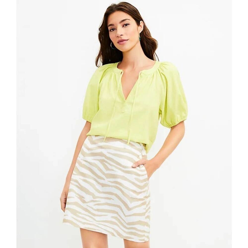 LOFT Glowing Lime Tie Neck Puff Sleeve Top XS Petite NWT